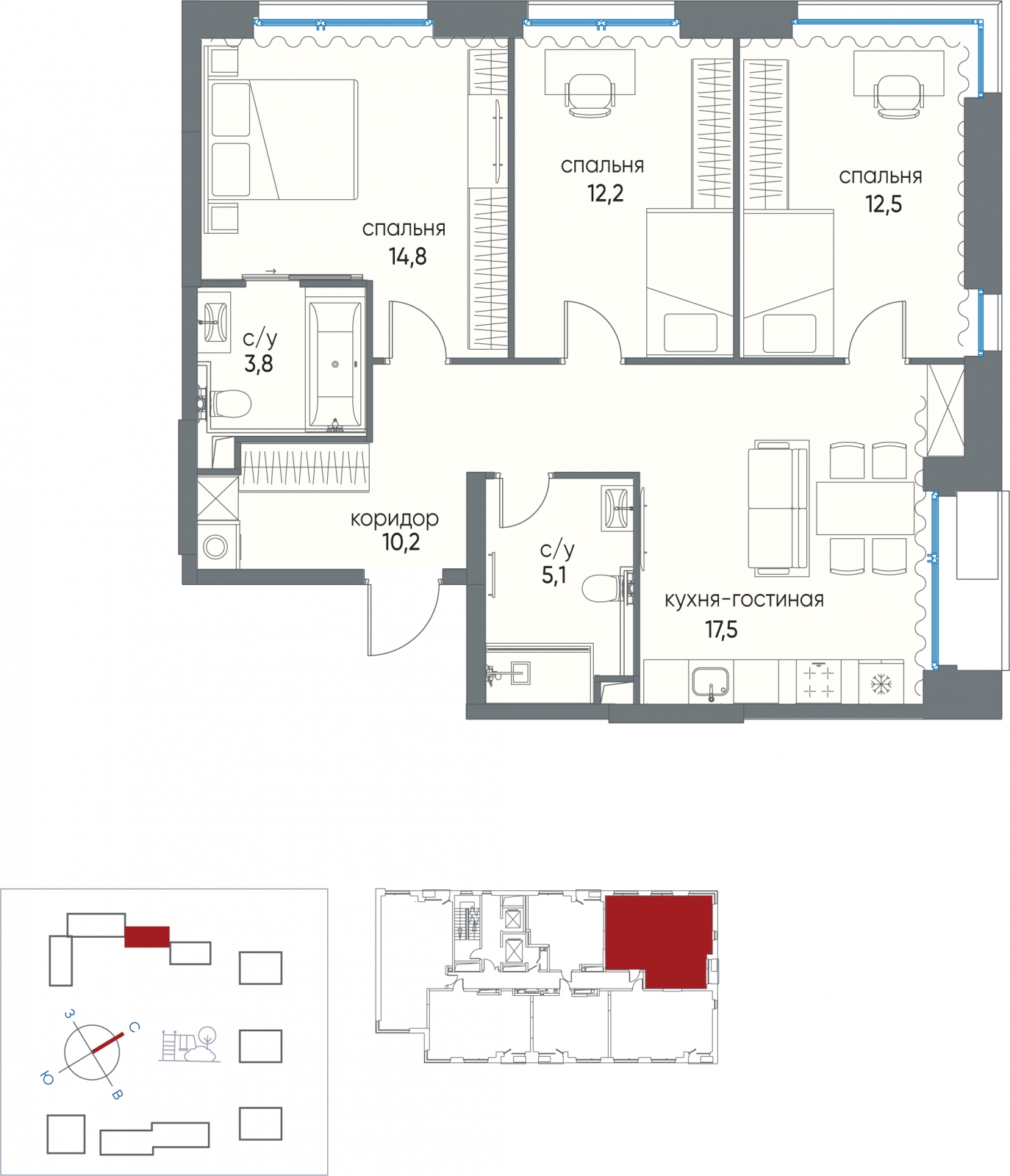 4-комнатная квартира в ЖК Белый Остров на 6 этаже в 2 секции. Сдача в 2 кв. 2023 г.