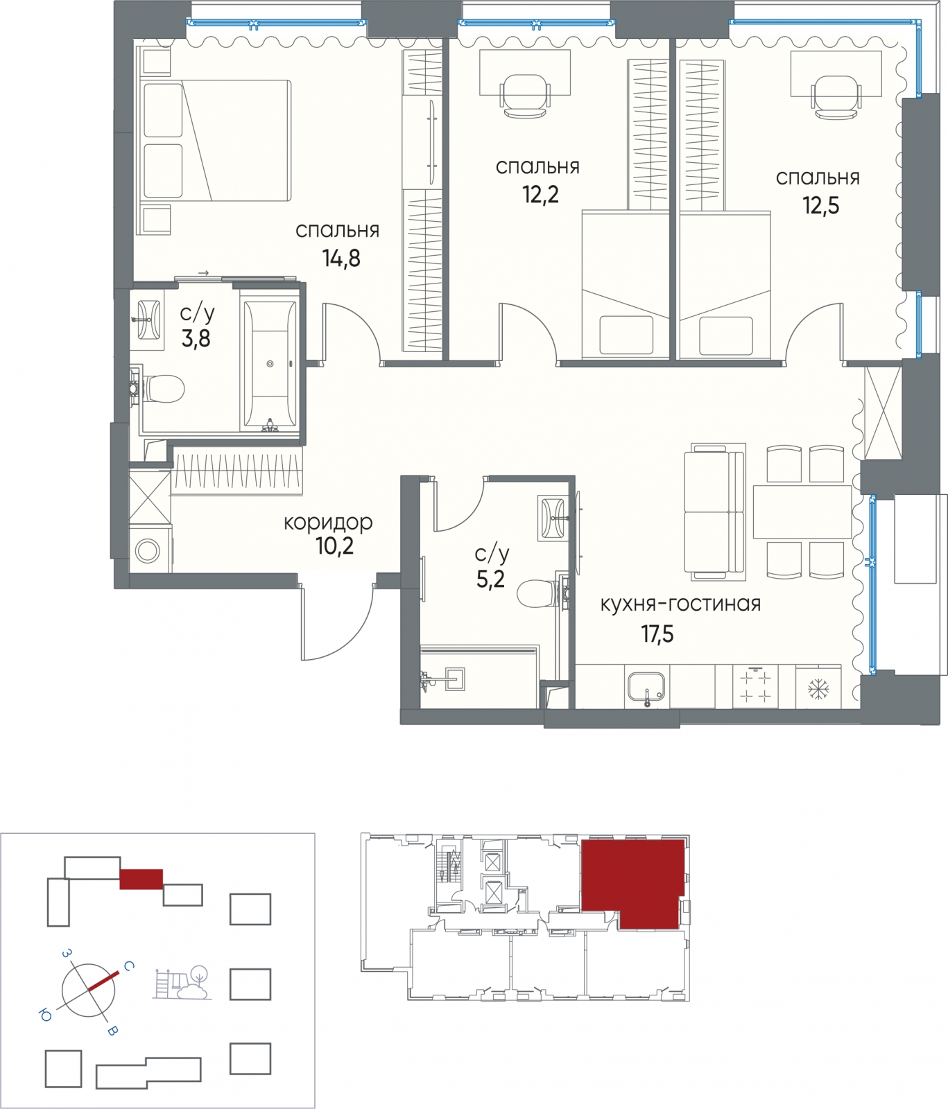 4-комнатная квартира в ЖК Остров на 21 этаже в 1 секции. Сдача в 4 кв. 2024 г.