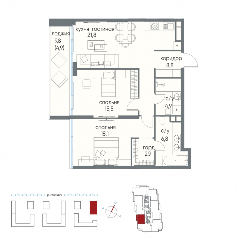 2-комнатная квартира в ЖК Tau House на 30 этаже в 1 секции. Сдача в 3 кв. 2024 г.