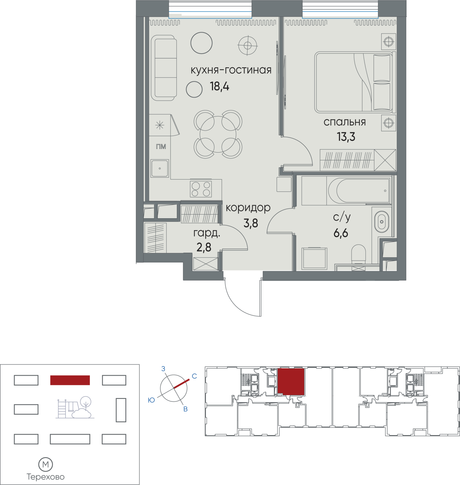 3-комнатная квартира в ЖК Tau House на 19 этаже в 1 секции. Сдача в 3 кв. 2024 г.