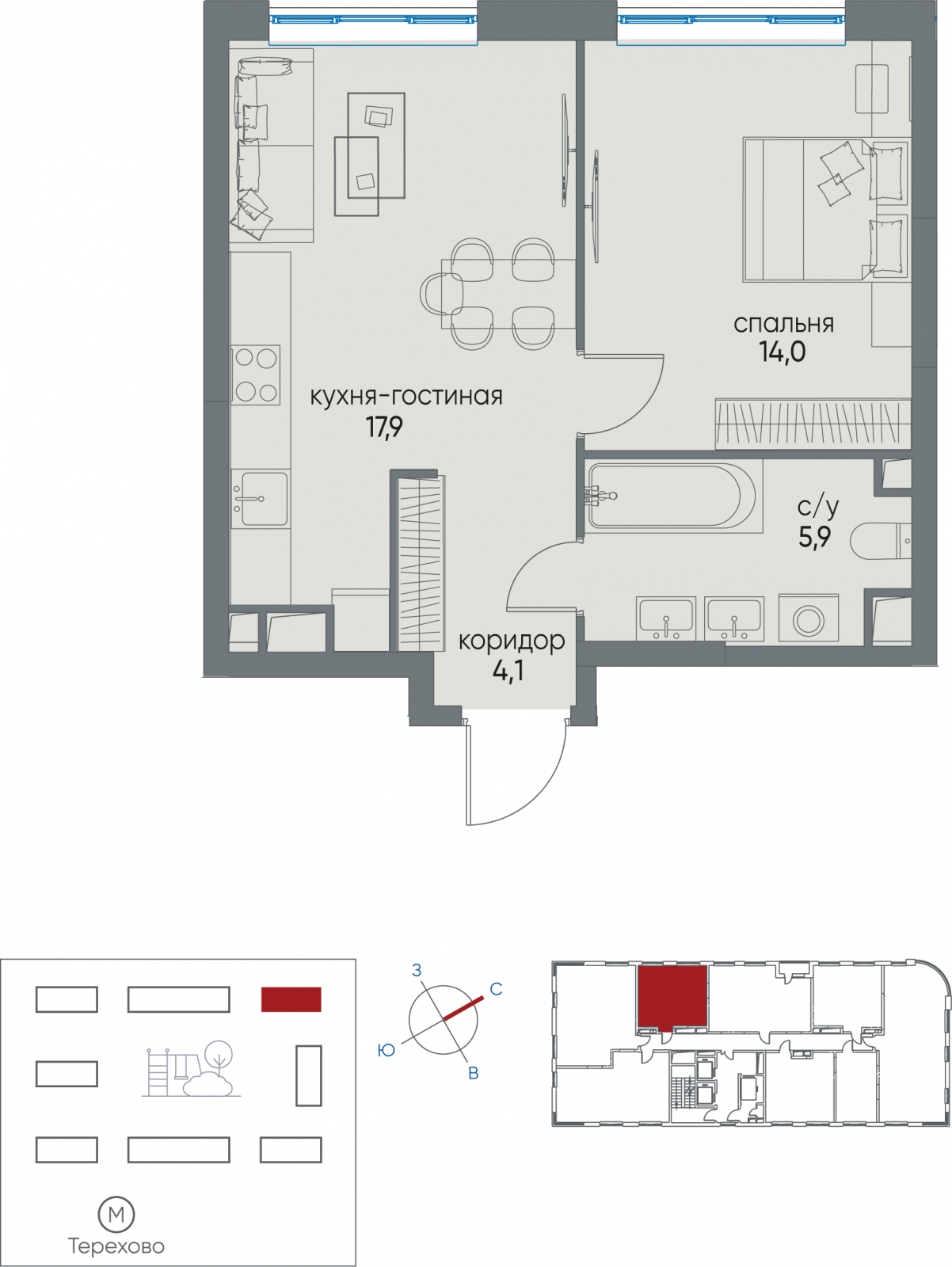 2-комнатная квартира в ЖК Остров на 10 этаже в 1 секции. Сдача в 1 кв. 2025 г.