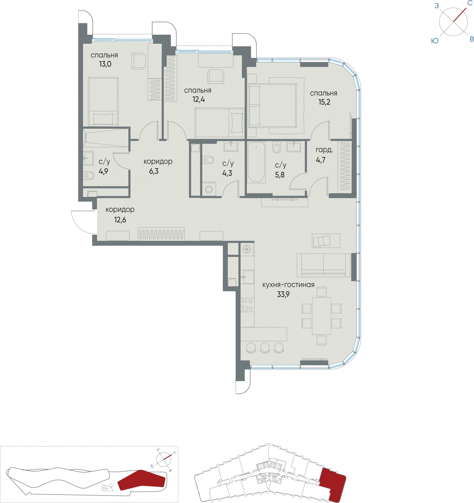 4-комнатная квартира с отделкой в ЖК Остров на 12 этаже в 4 секции. Сдача в 4 кв. 2024 г.