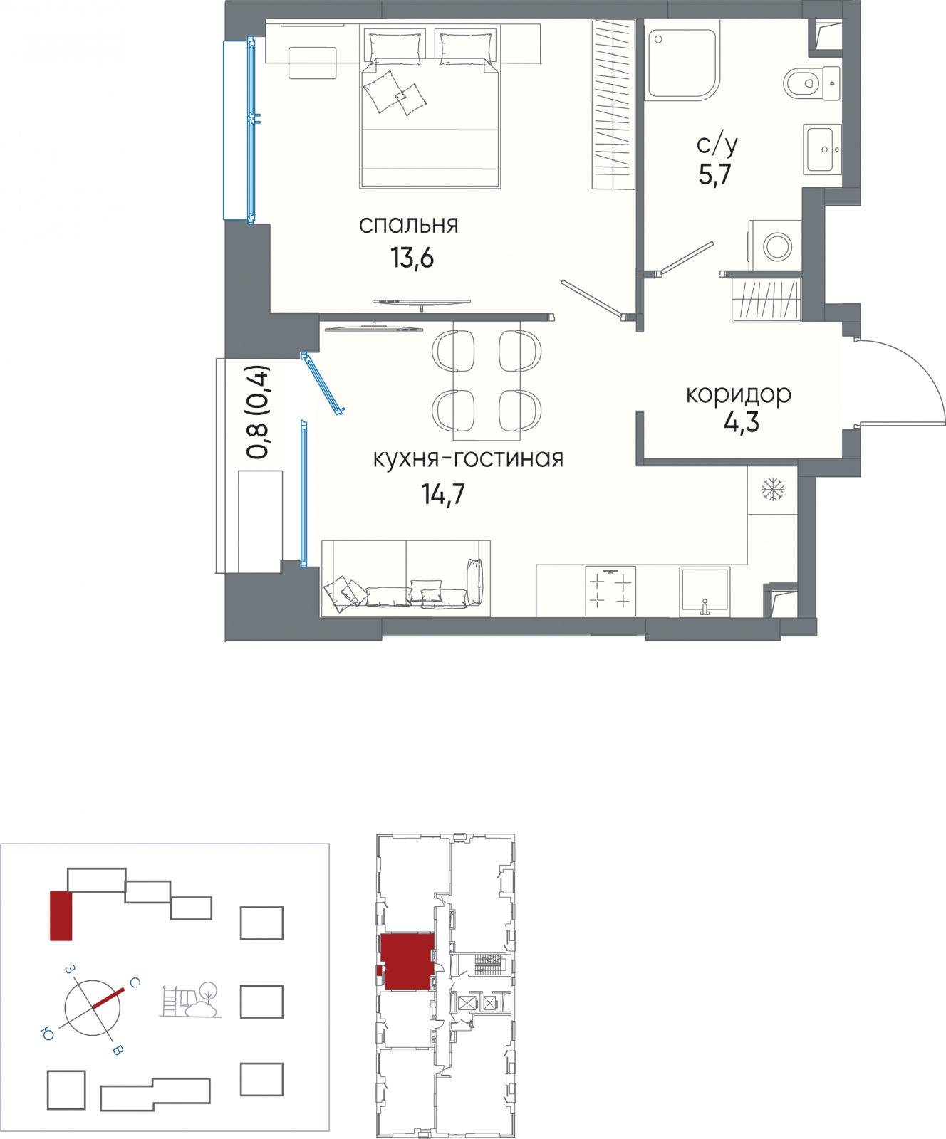 2-комнатная квартира в ЖК Tau House на 23 этаже в 1 секции. Сдача в 3 кв. 2024 г.