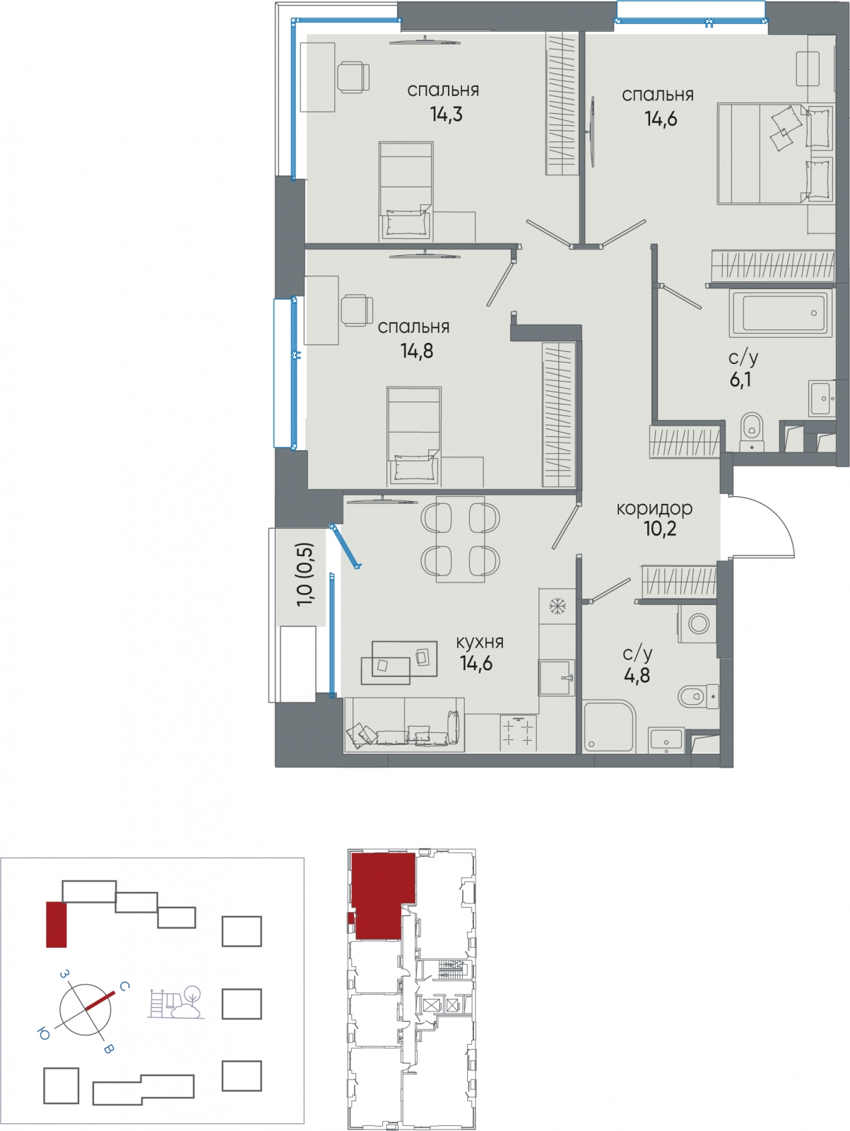 2-комнатная квартира в ЖК MONODOM FAMILY на 14 этаже в 1 секции. Сдача в 4 кв. 2021 г.