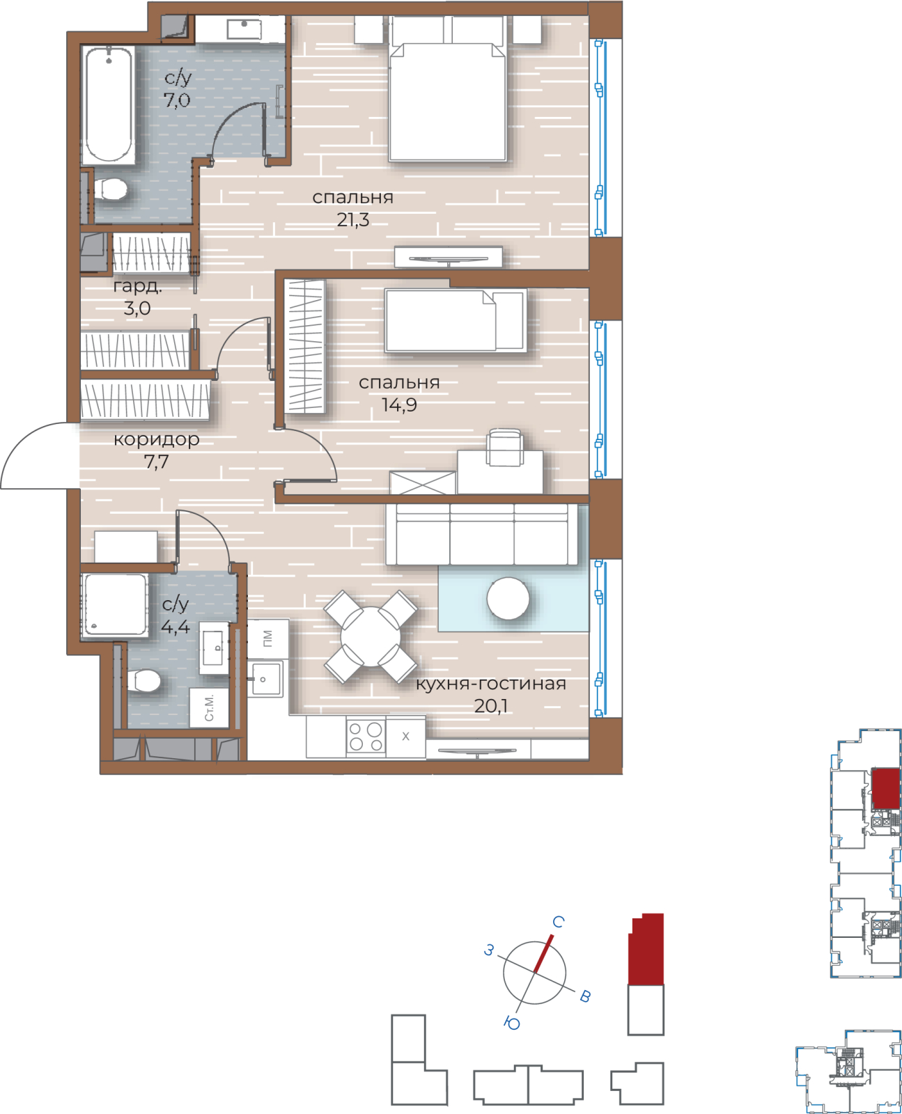 3-комнатная квартира с отделкой в ЖК Kazakov Grand Loft на 10 этаже в 1 секции. Сдача в 4 кв. 2022 г.