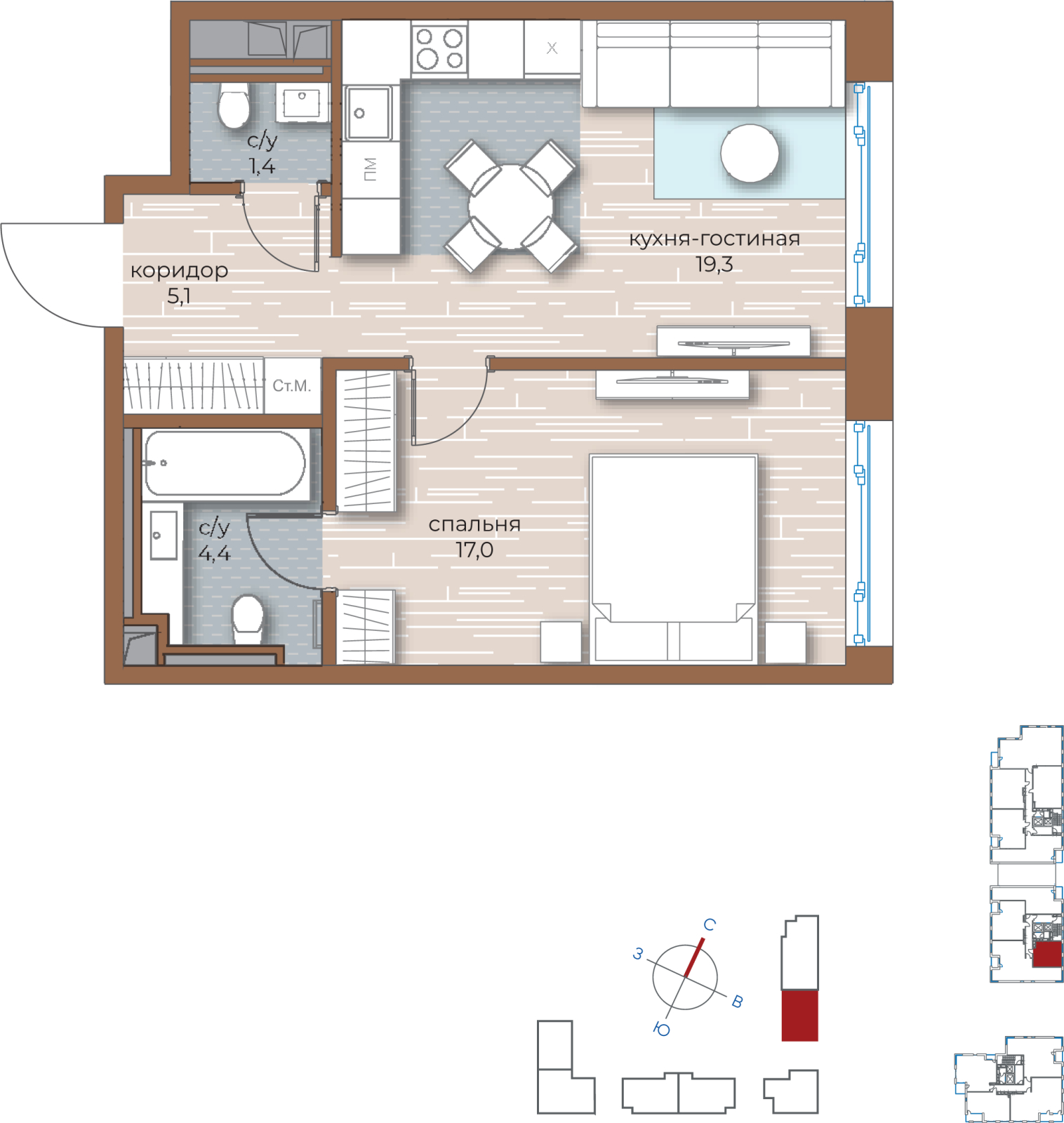 2-комнатная квартира в ЖК MONODOM FAMILY на 14 этаже в 1 секции. Сдача в 4 кв. 2021 г.