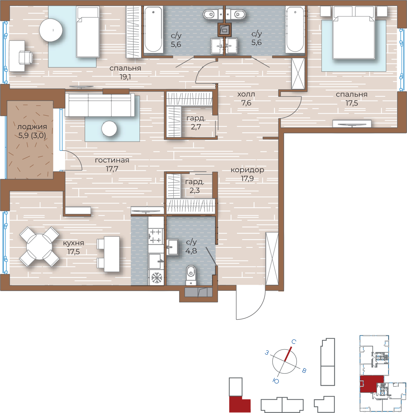 3-комнатная квартира в ЖК Остров на 7 этаже в 1 секции. Сдача в 4 кв. 2026 г.
