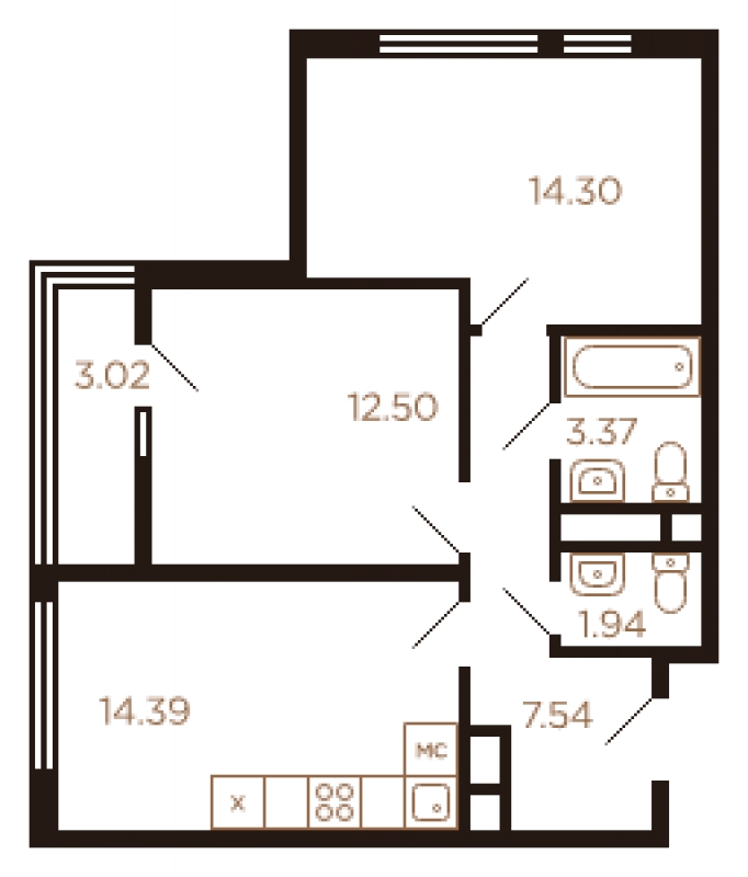2-комнатная квартира в ЖК Остров на 3 этаже в 1 секции. Сдача в 1 кв. 2025 г.