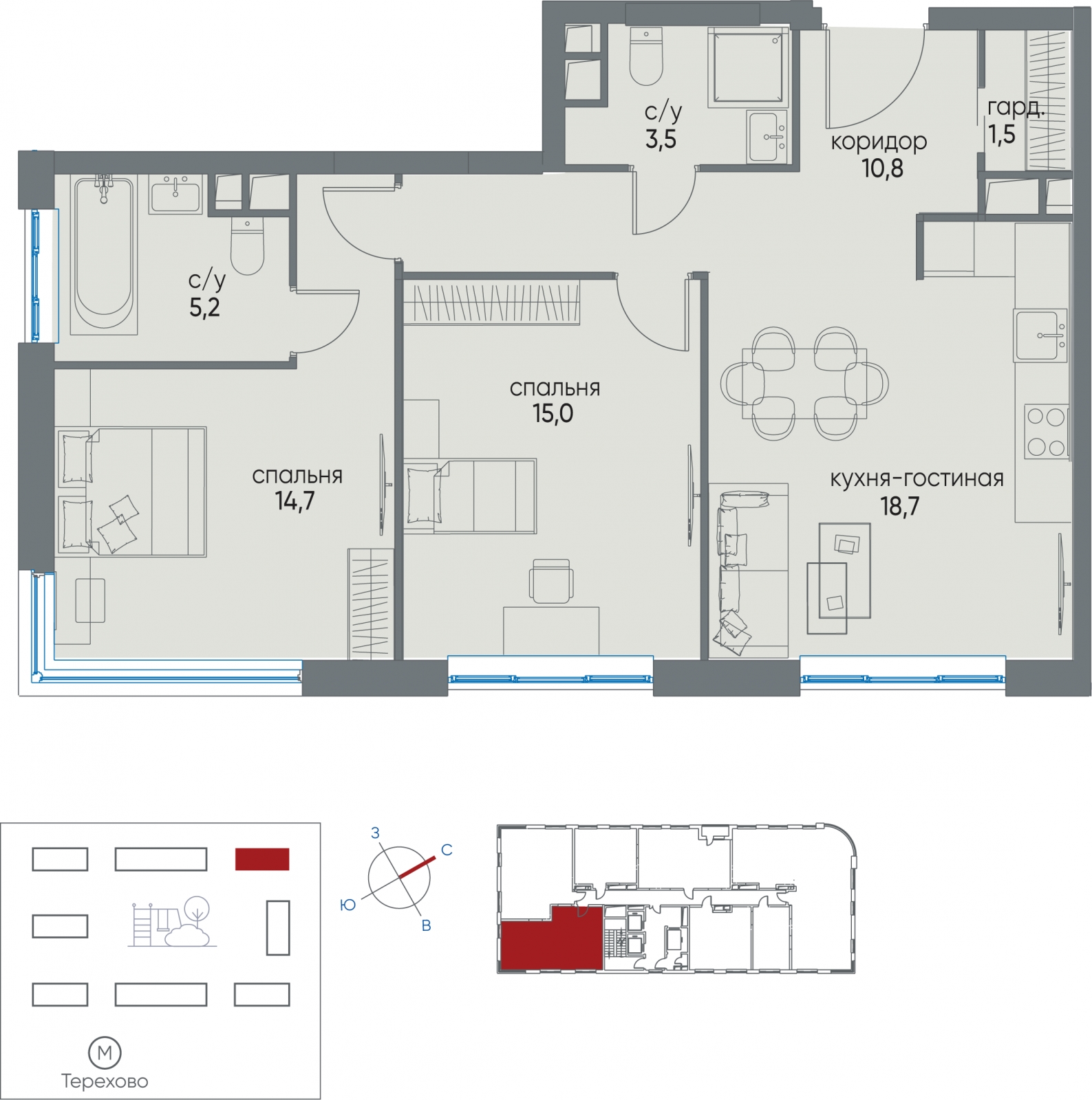 2-комнатная квартира в ЖК Остров на 16 этаже в 1 секции. Сдача в 1 кв. 2025 г.