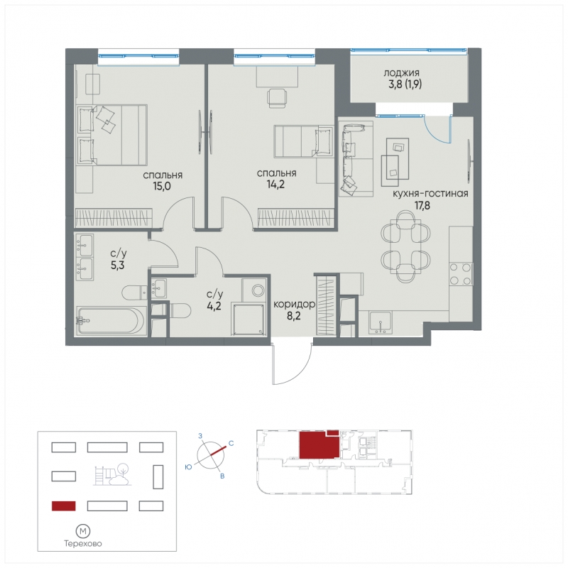 2-комнатная квартира в ЖК Просто Космос на 2 этаже в 1 секции. Дом сдан.