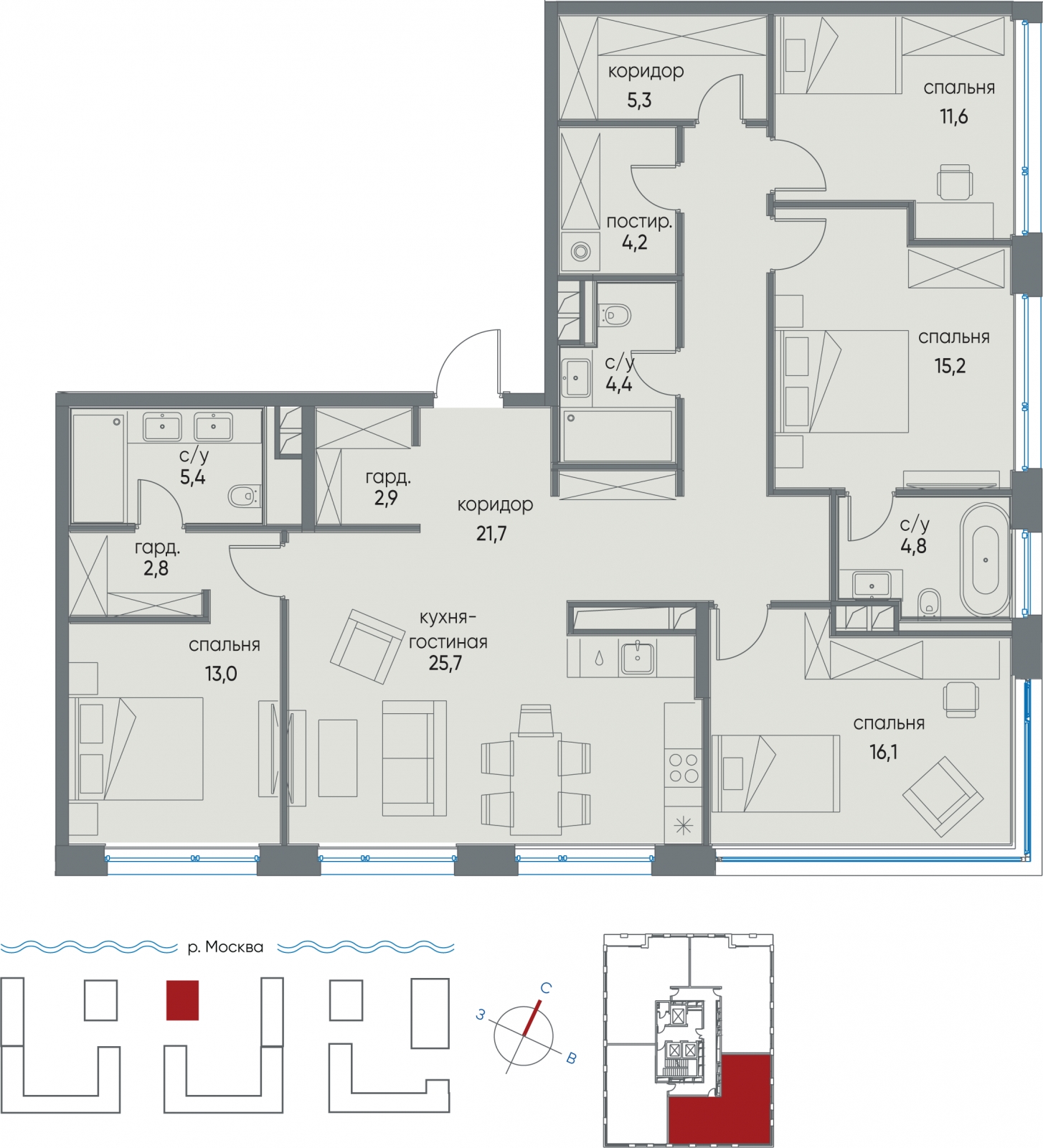 3-комнатная квартира в ЖК Остров на 7 этаже в 4 секции. Сдача в 4 кв. 2024 г.