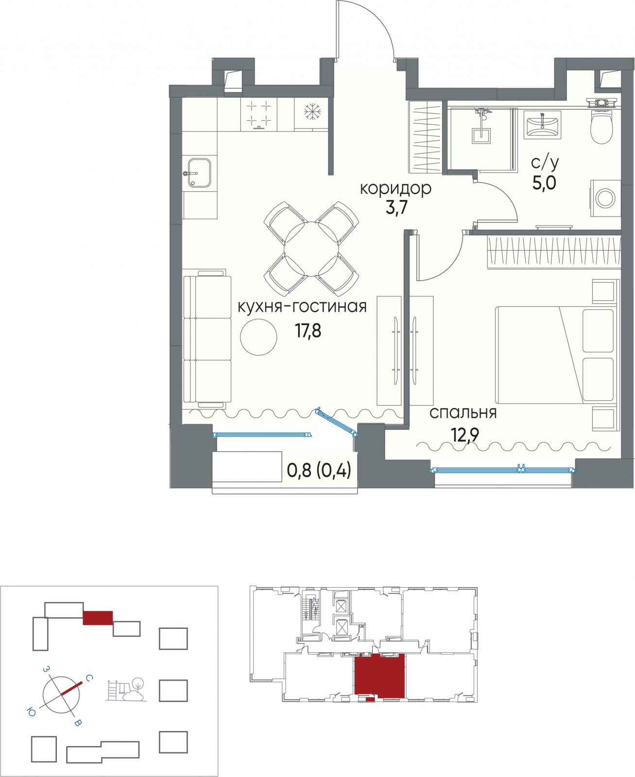 1-комнатная квартира (Студия) в ЖК Южные сады на 8 этаже в 1 секции. Сдача в 2 кв. 2025 г.