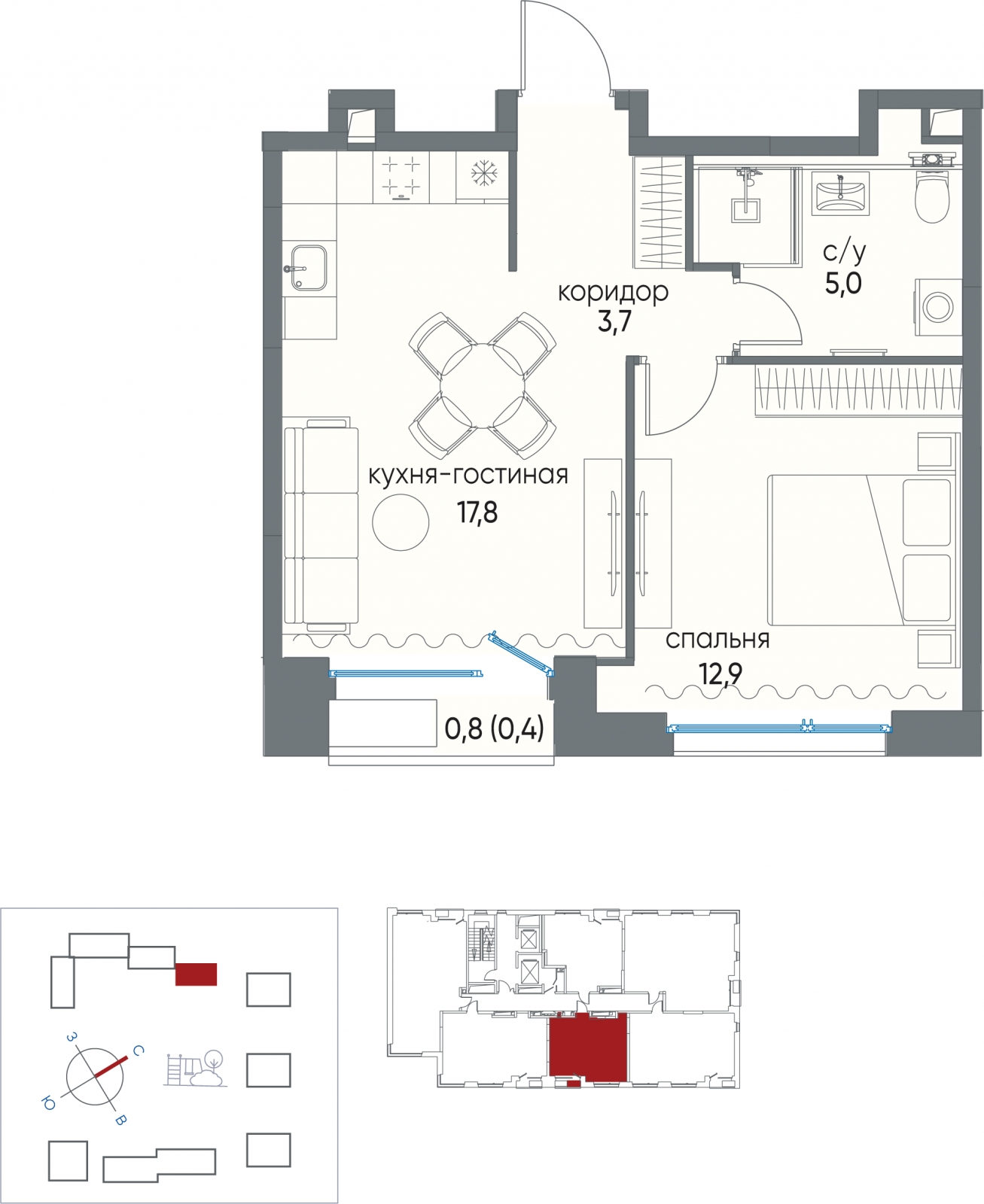 1-комнатная квартира в ЖК Остров на 11 этаже в 5 секции. Сдача в 4 кв. 2024 г.