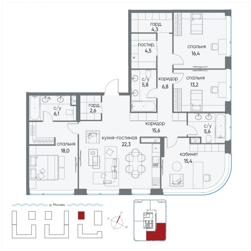 2-комнатная квартира в ЖК Nagatino i-Land на 12 этаже в 1 секции. Сдача в 3 кв. 2025 г.