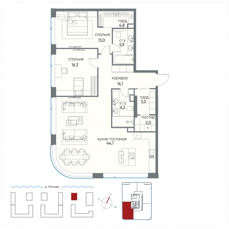 1-комнатная квартира в ЖК Остров на 3 этаже в 1 секции. Сдача в 1 кв. 2025 г.