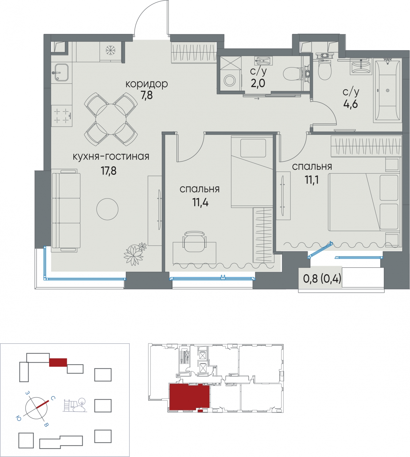 4-комнатная квартира в ЖК Остров на 14 этаже в 6 секции. Сдача в 4 кв. 2024 г.