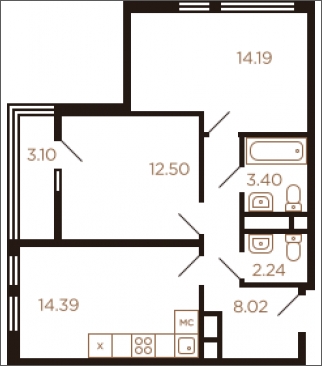 2-комнатная квартира в ЖК Остров на 11 этаже в 1 секции. Сдача в 4 кв. 2024 г.