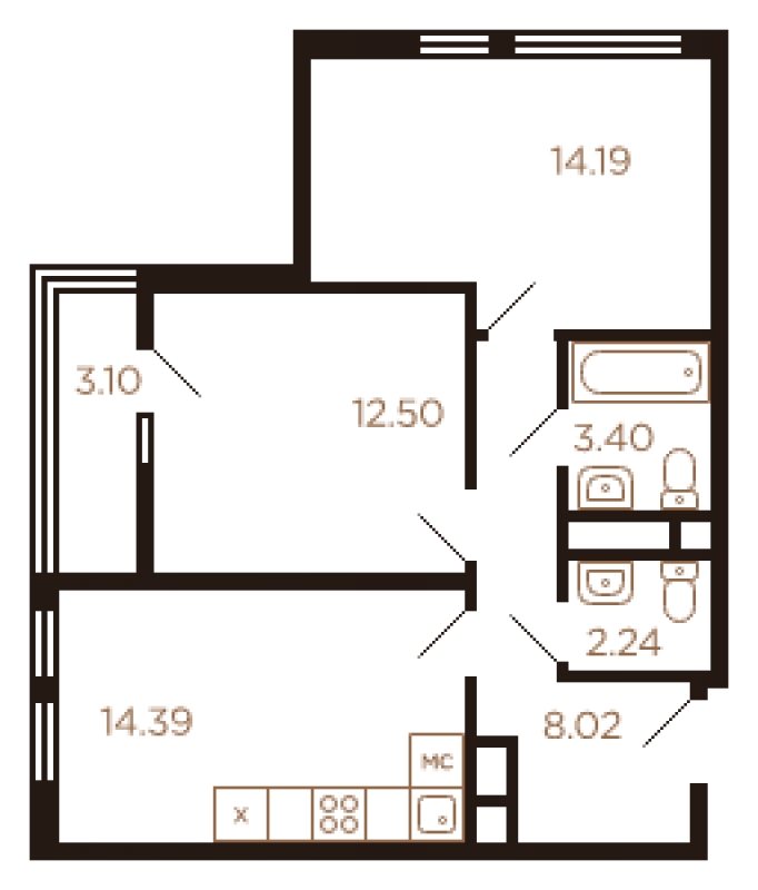 2-комнатная квартира в ЖК Остров на 13 этаже в 3 секции. Сдача в 1 кв. 2025 г.