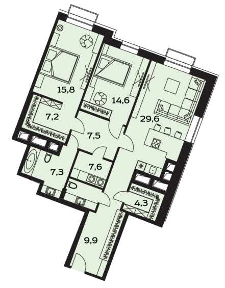 3-комнатная квартира в ЖК Лайм на 12 этаже в 2 секции. Дом сдан.