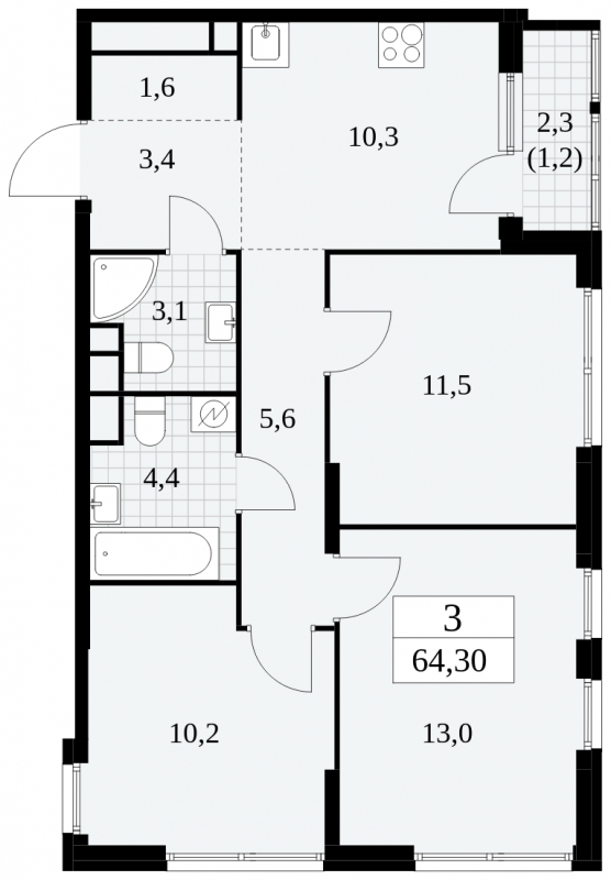 3-комнатная квартира в ЖК Остров на 10 этаже в 1 секции. Сдача в 4 кв. 2026 г.