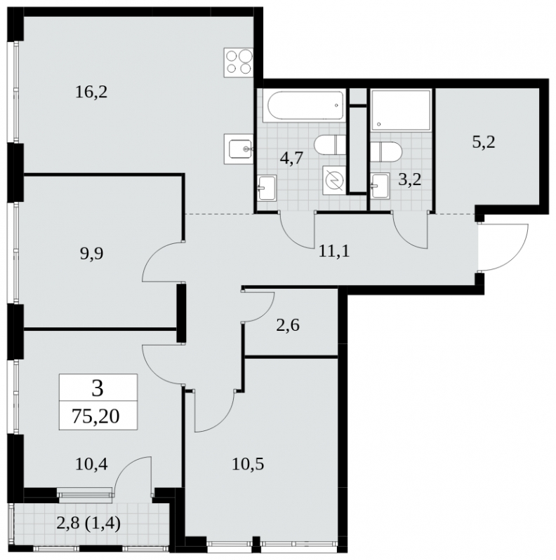 2-комнатная квартира в ЖК Южные сады на 16 этаже в 2 секции. Сдача в 2 кв. 2025 г.