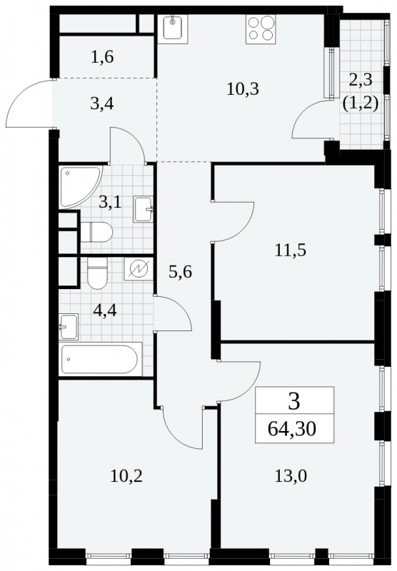 1-комнатная квартира (Студия) с отделкой в ЖК Михайловский парк на 13 этаже в 2 секции. Сдача в 2 кв. 2024 г.