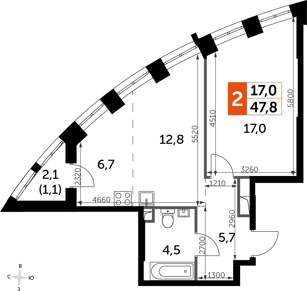 1-комнатная квартира в ЖК Полет Купавна на 16 этаже в 1 секции. Сдача в 4 кв. 2022 г.