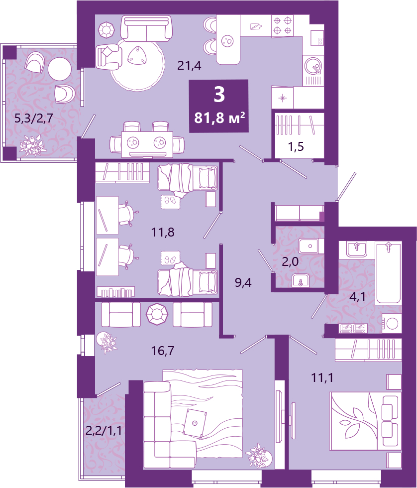 2-комнатная квартира в ЖК Миниполис Рафинад на 3 этаже в 3 секции. Сдача в 4 кв. 2022 г.