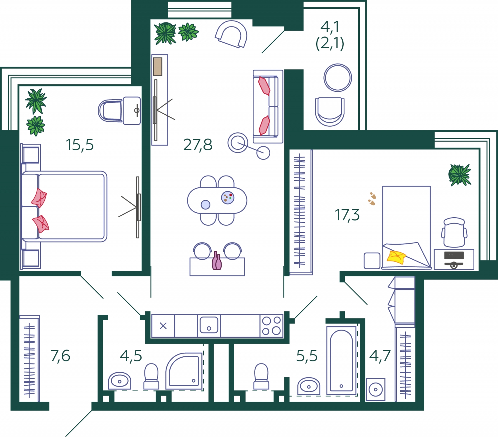 4-комнатная квартира в ЖК Бунинские кварталы на 10 этаже в 1 секции. Сдача в 4 кв. 2024 г.