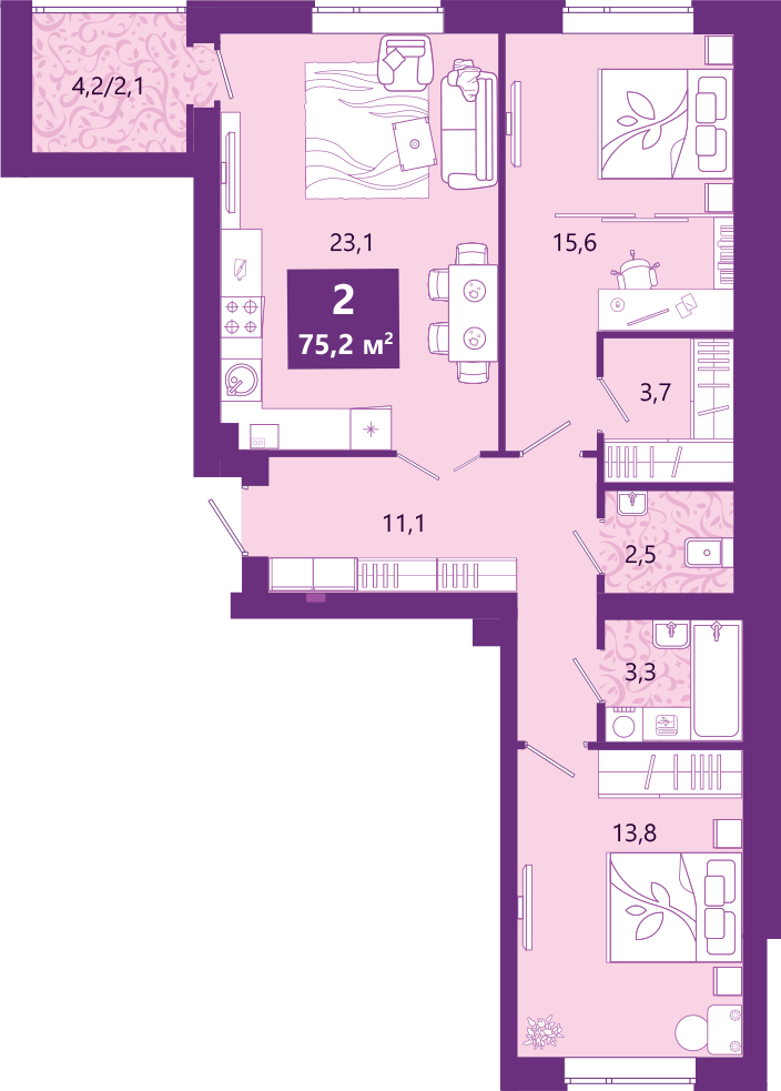 3-комнатная квартира с отделкой в ЖК Сиреневый бульвар на 2 этаже в 3 секции. Сдача в 1 кв. 2025 г.