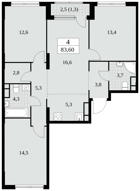 1-комнатная квартира в ЖК Tau House на 26 этаже в 1 секции. Сдача в 3 кв. 2024 г.