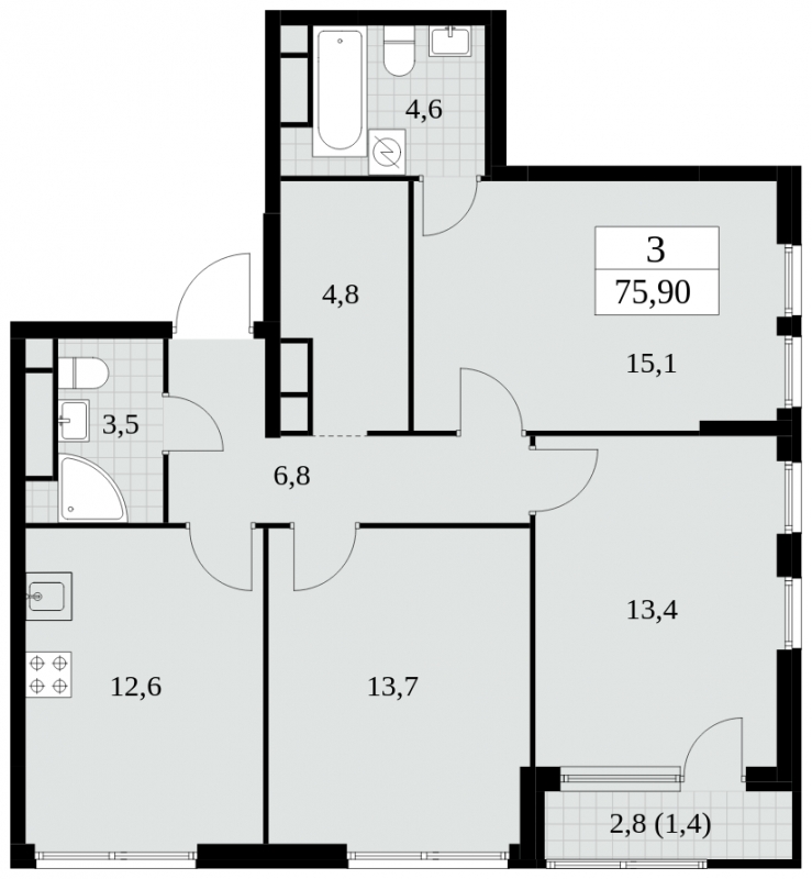 3-комнатная квартира в ЖК Южные сады на 23 этаже в 2 секции. Сдача в 2 кв. 2025 г.