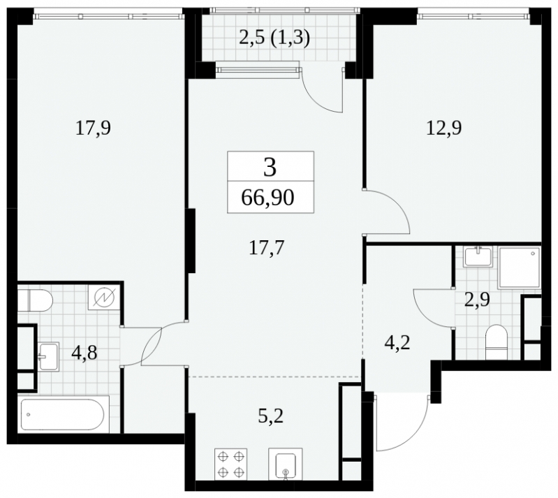 3-комнатная квартира с отделкой в ЖК Сиреневый бульвар на 3 этаже в 1 секции. Сдача в 2 кв. 2025 г.