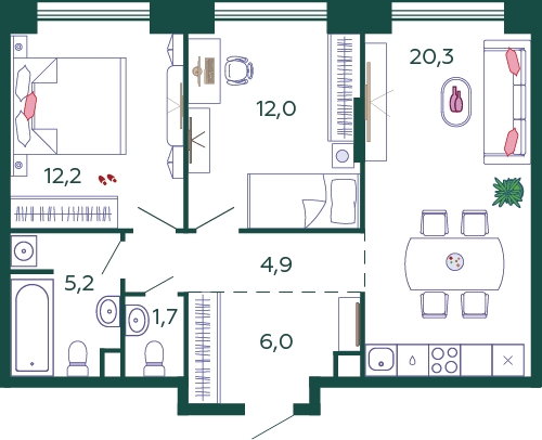 3-комнатная квартира в ЖК Бунинские кварталы на 9 этаже в 1 секции. Сдача в 3 кв. 2025 г.