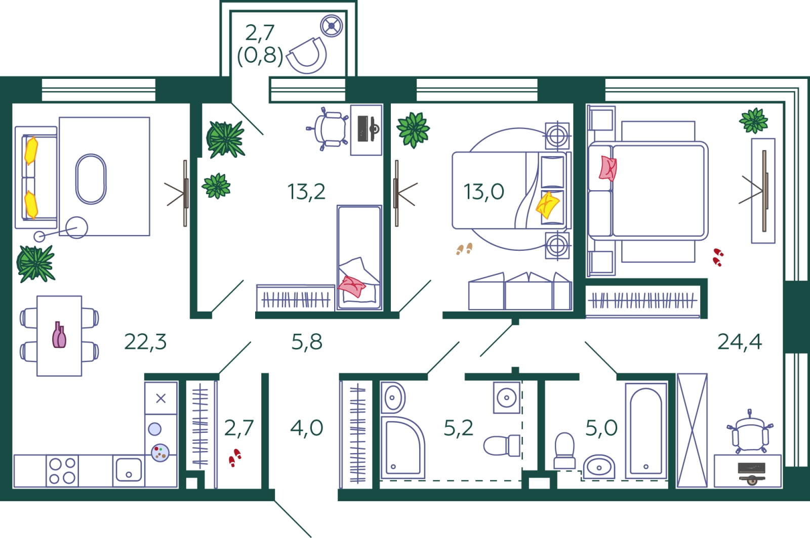 3-комнатная квартира в ЖК Бунинские кварталы на 2 этаже в 1 секции. Сдача в 3 кв. 2025 г.