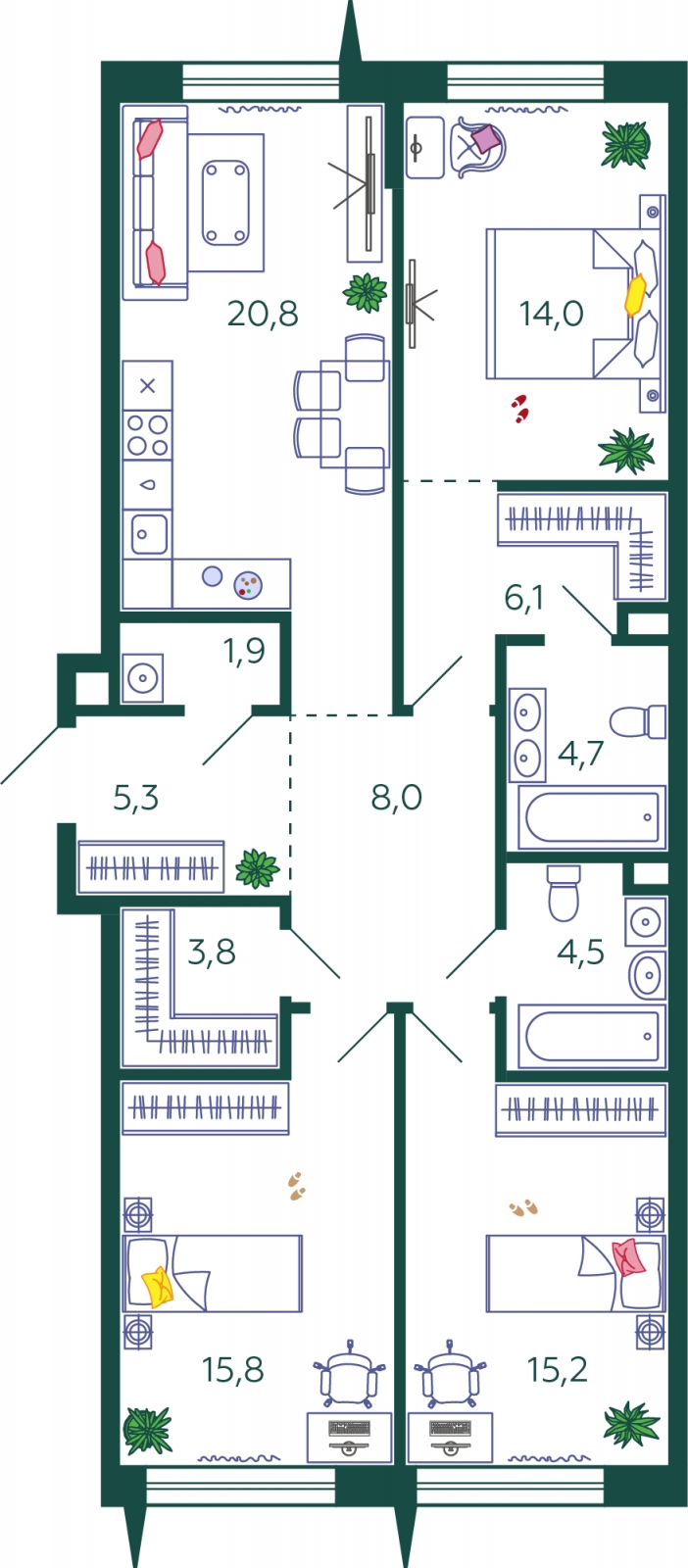 2-комнатная квартира в ЖК Бунинские кварталы на 5 этаже в 1 секции. Сдача в 3 кв. 2025 г.