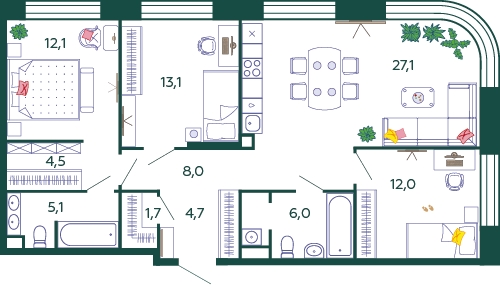 2-комнатная квартира в ЖК Южные сады на 13 этаже в 3 секции. Сдача в 2 кв. 2025 г.