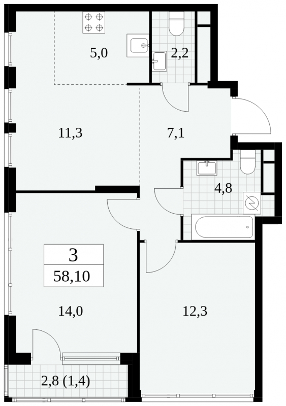 2-комнатная квартира в ЖК Южные сады на 14 этаже в 2 секции. Сдача в 2 кв. 2025 г.