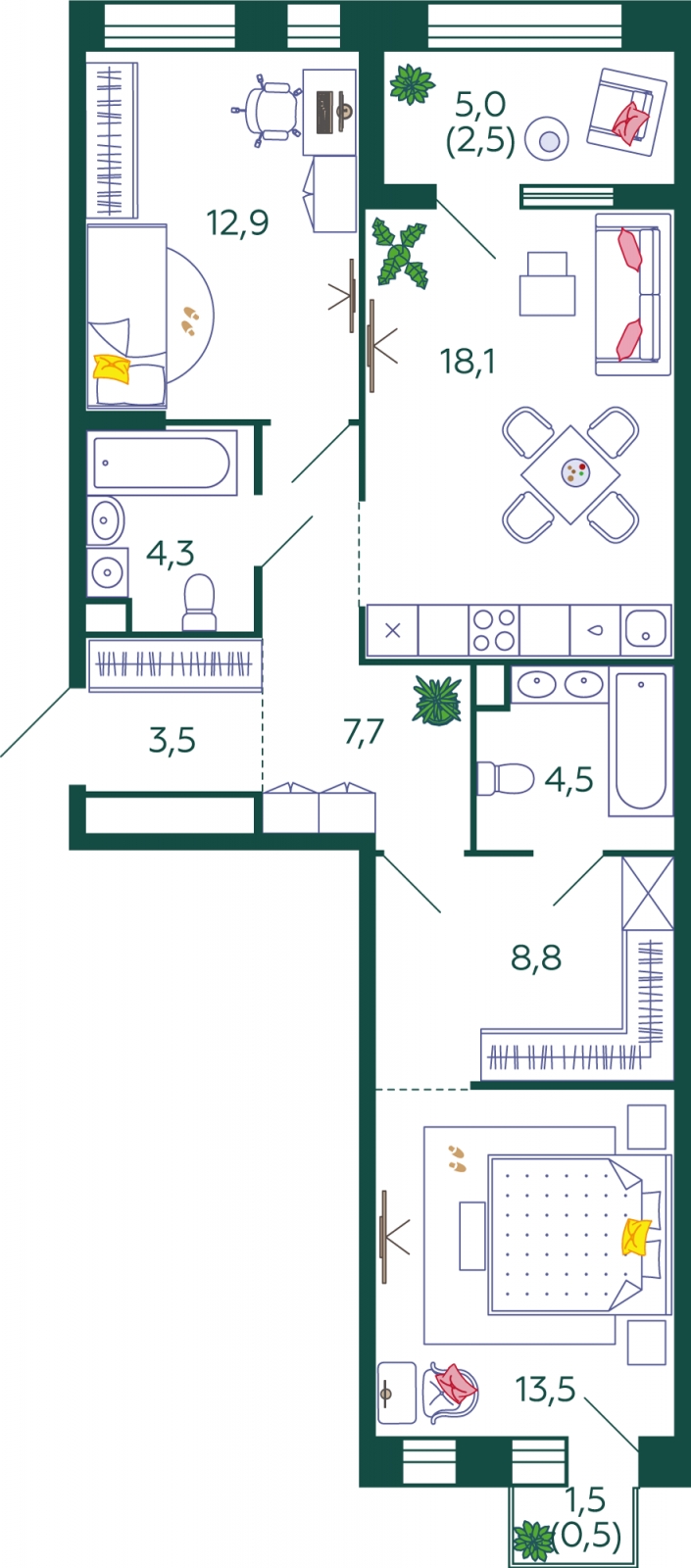 3-комнатная квартира с отделкой в ЖК Южные сады на 28 этаже в 1 секции. Сдача в 2 кв. 2025 г.