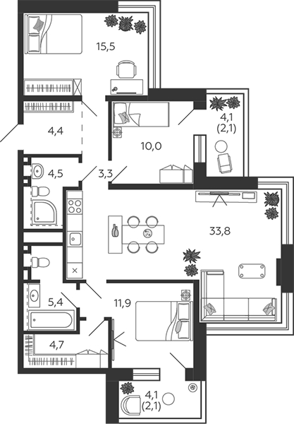 3-комнатная квартира с отделкой в ЖК Миниполис Рафинад на 4 этаже в 2 секции. Сдача в 2 кв. 2021 г.