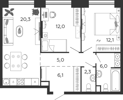 3-комнатная квартира в ЖК Южные сады на 27 этаже в 2 секции. Сдача в 2 кв. 2025 г.