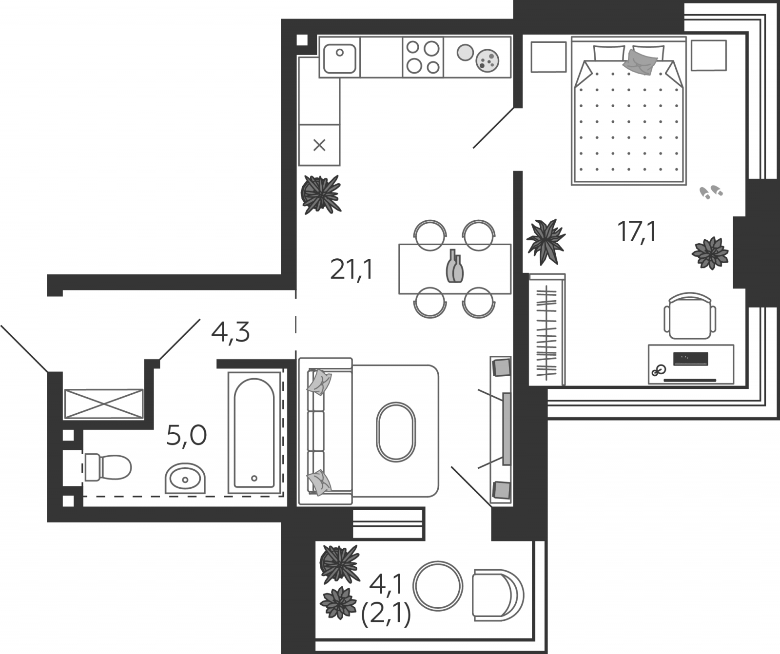 1-комнатная квартира (Студия) в ЖК Южные сады на 13 этаже в 1 секции. Сдача в 2 кв. 2025 г.