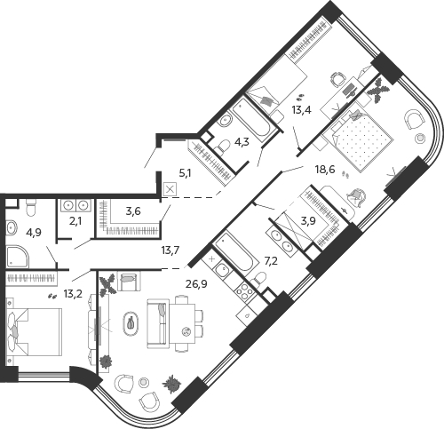 3-комнатная квартира в ЖК Городские истории на 13 этаже в 1 секции. Сдача в 4 кв. 2023 г.