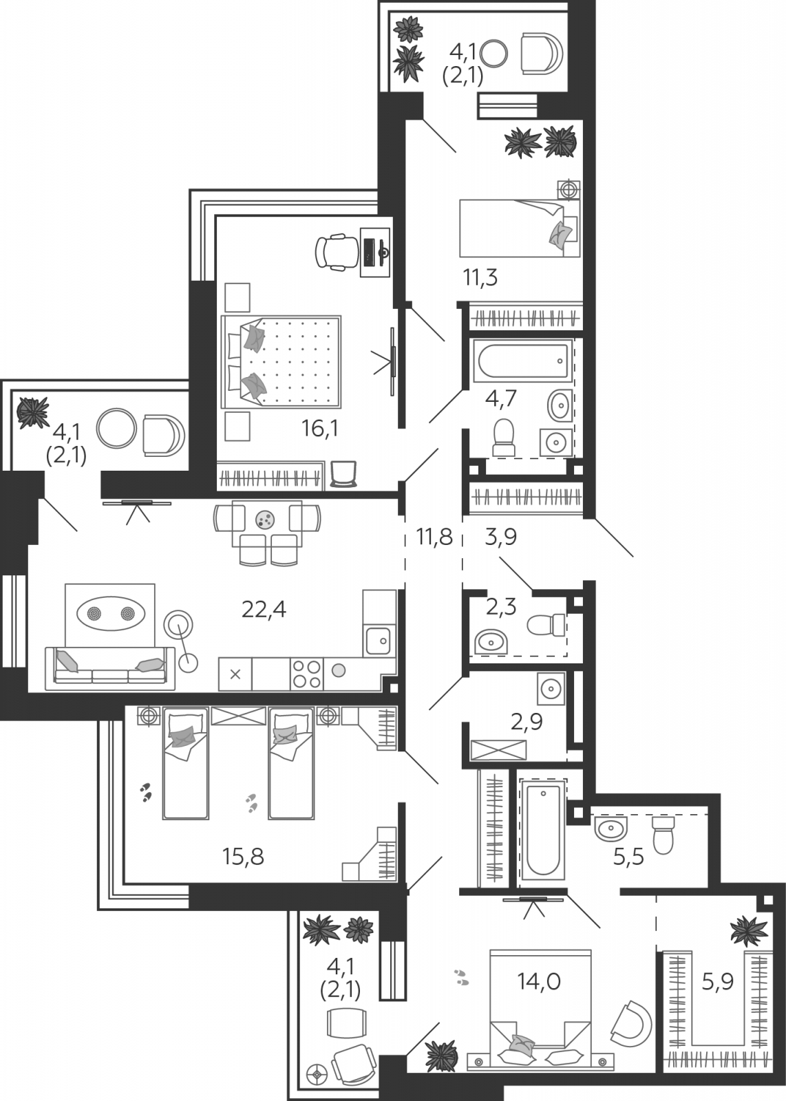 2-комнатная квартира в ЖК Южные сады на 24 этаже в 3 секции. Сдача в 2 кв. 2025 г.