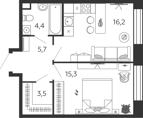 1-комнатная квартира с отделкой в ЖК Бунинские кварталы на 13 этаже в 1 секции. Сдача в 4 кв. 2025 г.