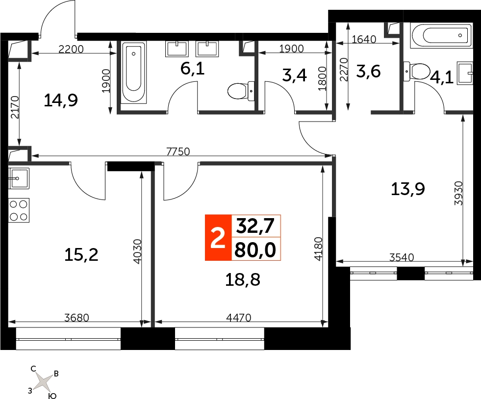 2-комнатная квартира в ЖК Южные сады на 19 этаже в 2 секции. Сдача в 2 кв. 2025 г.