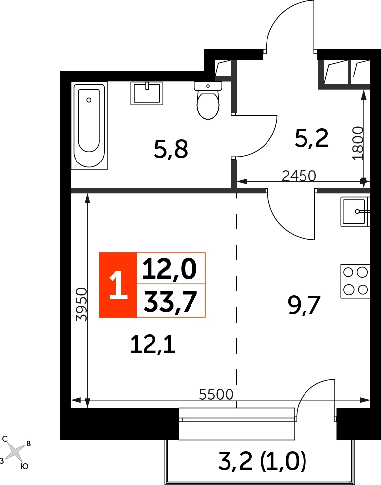 1-комнатная квартира с отделкой в ЖК Южные сады на 14 этаже в 2 секции. Сдача в 2 кв. 2025 г.