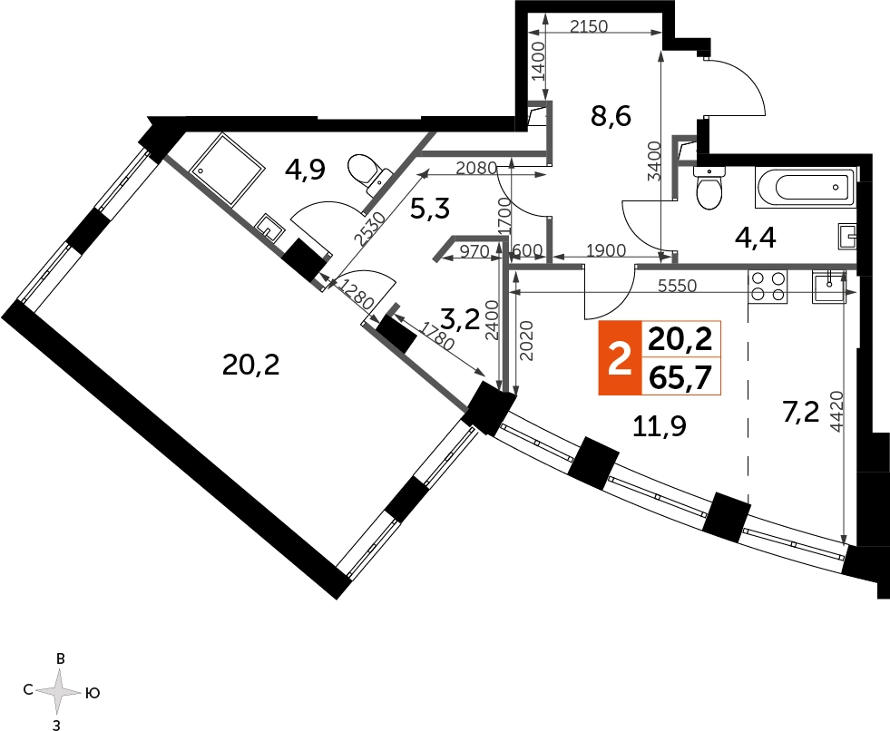 1-комнатная квартира (Студия) с отделкой в ЖК Бунинские кварталы на 2 этаже в 1 секции. Сдача в 1 кв. 2026 г.