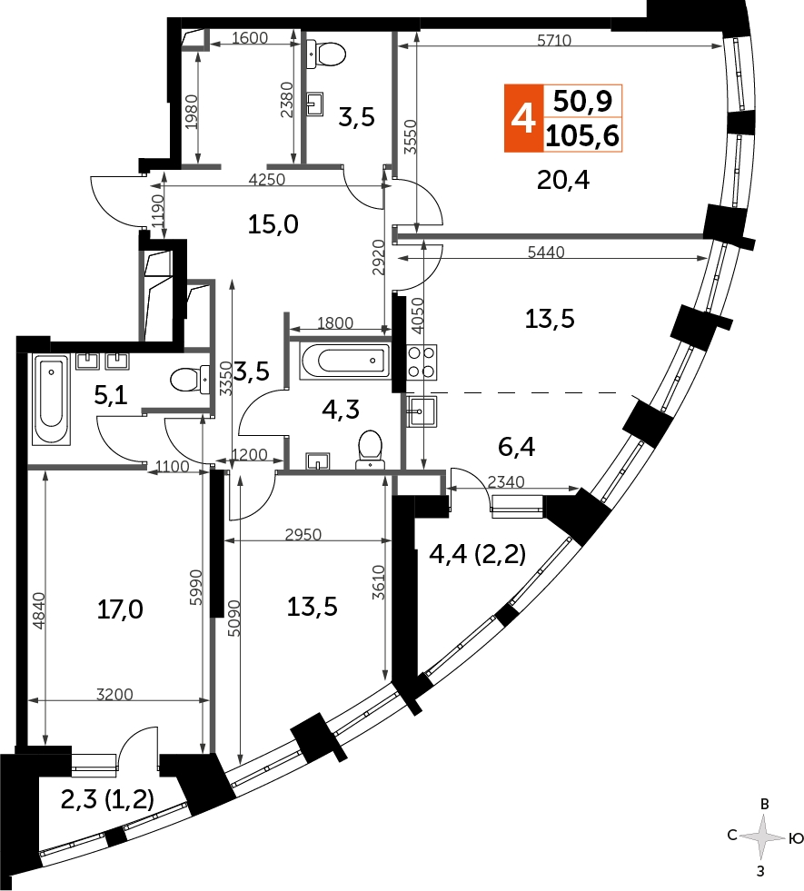 2-комнатная квартира в ЖК SHAGAL на 3 этаже в 1 секции. Сдача в 4 кв. 2023 г.