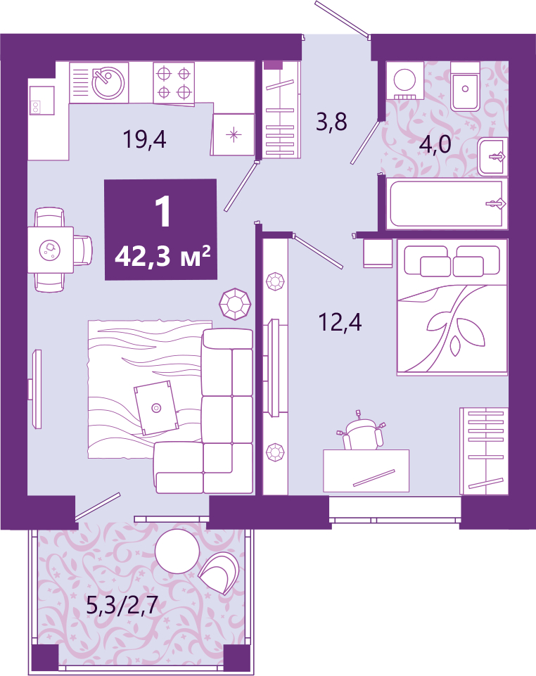 1-комнатная квартира в ЖК Южные сады на 26 этаже в 3 секции. Сдача в 2 кв. 2025 г.